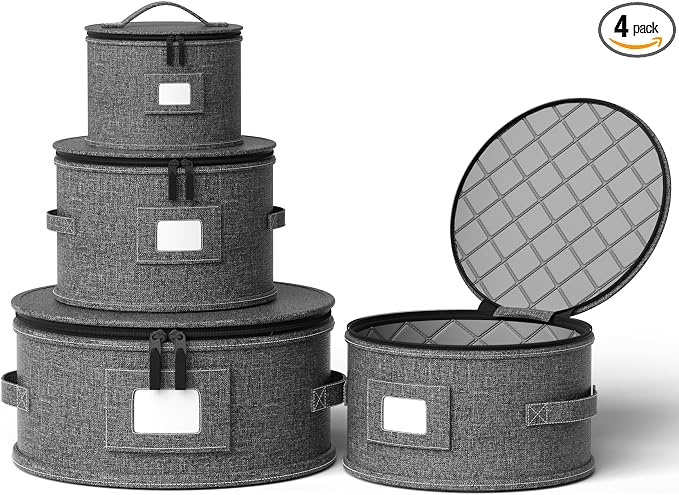YearningHome China Storage Containers,4 Piece Set,Hard Shell Moving Boxes for Dishes,Plate,Dinnerware,Saucers Quilted Organizer Dividers for Packing Fine China Storage Containers,Grey