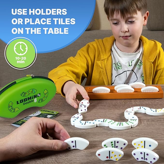 Queensell Loomino - Domino Set for Kids and Adults - New Generation of Dominoes Game - Family Board Game for Kids and Adults