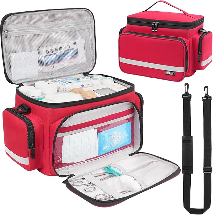 LEFOR·Z Small Medical Bag,First Aid Bag Empty,Home Health Nurse Bag with Detachable Divider,Medical Supplies Storage Tote for Nursing Student,Therapist,Doctors,Red(11.7x7.6x8inch)