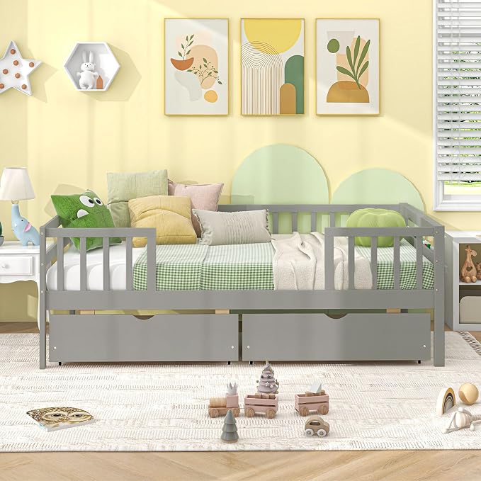 Giantex Twin Kids Bed with Storage Drawers, Wood Montessori Bed with Rails & Side Shelf, Low Daybed for Boys, Girls, No Box Spring Needed (Grey)