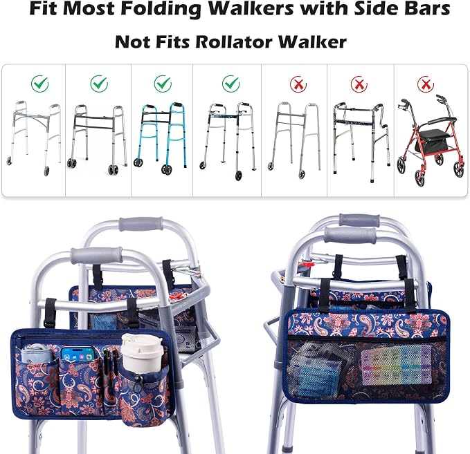 BAGSFY 2-Pack Walker Side Bag, Universal Walker Accessories with Cup Holder, Waterproof Folding Walker Organizer Caddy Pouch for Most Walkers with Side Bars, Double-Sided Storage for Seniors & Elderly