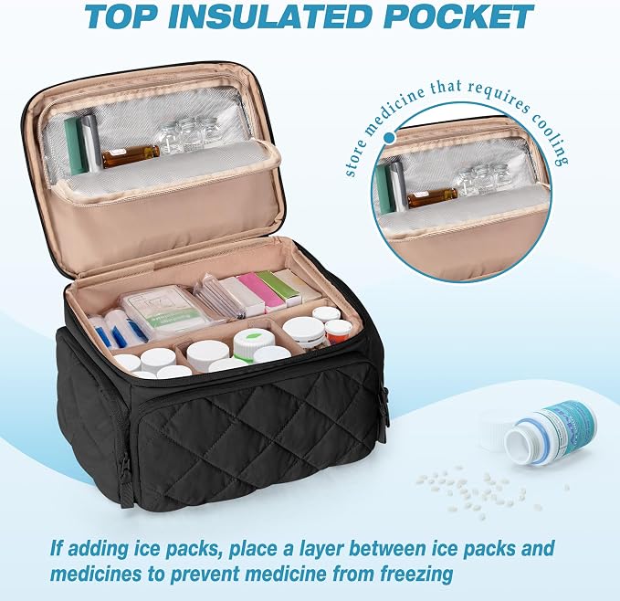 Marscamd Pill Bottle Organizer with Insulated Pocket, Black (BAG ONLY) | with 4 Customized Dividers & Padded Protection for Pill Bottles, Insulin and First Aid Supplies
