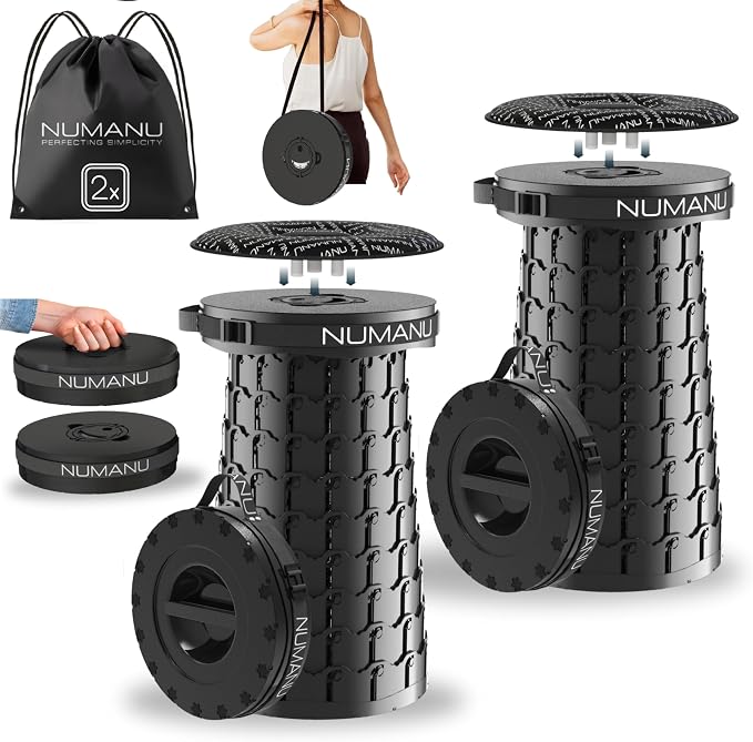 NUMANU XXL Collapsible Stool for Adults 2-Pack, Folding Seat, 1000 lbs | Set of 2 heavy-duty big & tall stools, telescoping 2.7-19.7in, swivel pads + carry bags; travel, sports, camping