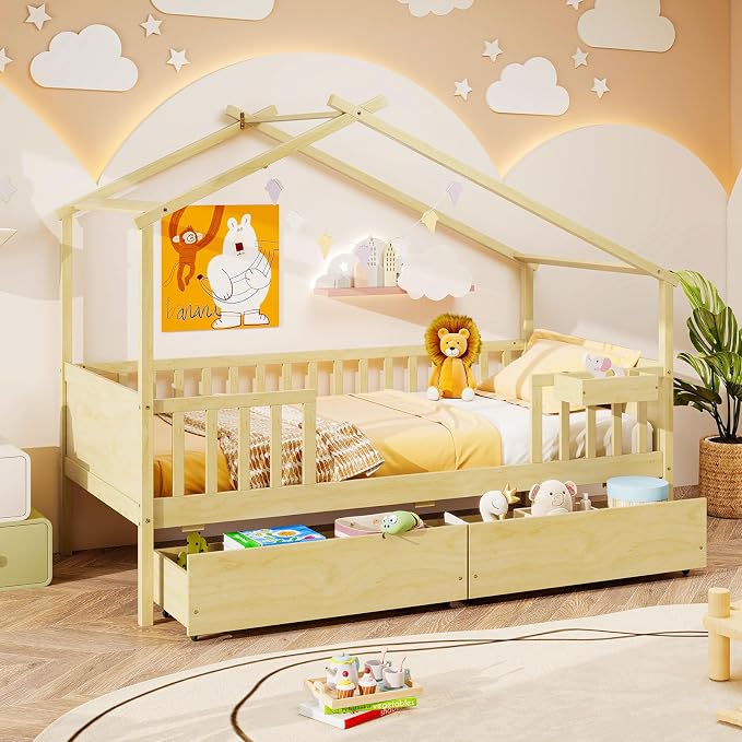 Giantex Twin House Bed with Drawers, Wooden Twin Bed Frame with Cube Storage & Fence Rails, Montessori Beds for Kids Boys, Girls, Bedroom, Living Room, No Box Spring Needed, Natural