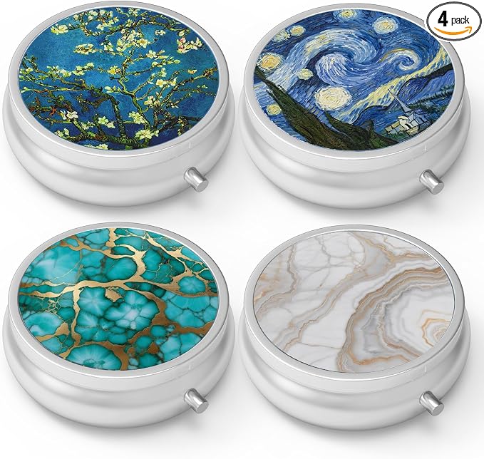Pill Box 3 Compartment Medicine Pill Case,Portable Pill Box for Pocket or Purse Pill Box Decorative Metal Medicine Vitamin Organizer Unique Gift(4PCS)