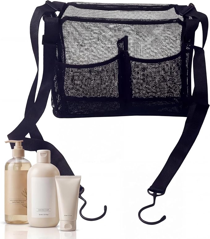 Shower Caddy for Dorm Mesh Organizer with 4 Pockets Hooks | Mesh shower caddy with 4 pockets and hooks, stores toiletries for dorm, gym, RV and bathroom use with easy hanging.