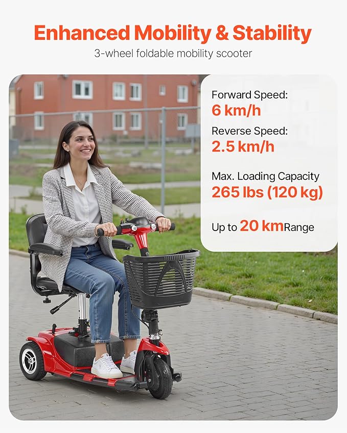 VEVOR 3 Wheel Folding Mobility Scooter for Adults & Seniors, Heavy-Duty Electric Powered Mobility Scooter & 12 Mile Long Range, All Terrain Travel Wheelchair with 9° Climbing Capacity, 265lb Capacity