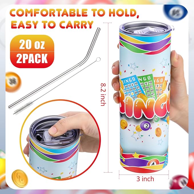 Geiserailie 2 Pack Bingo Tumbler Cups 20 oz Game Gifts Stainless Steel Tumbler with Lids Prizes for Seniors Mom Grandma Dad (Classic)