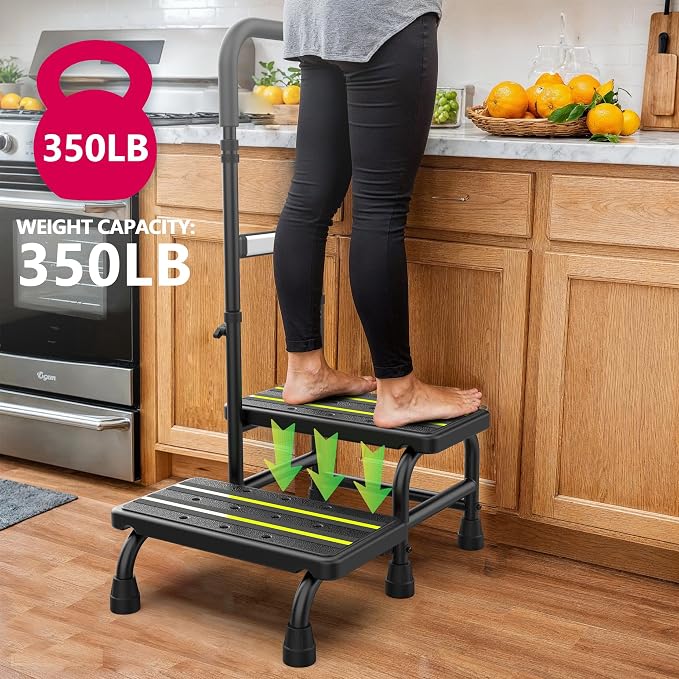 [2026 Upgrade] 2 Step Stool with Handle for Elderly with Sensor Night Light,Medical Heavy Duty Step Stool with Adjustable Handrail, Bedside Steps for People with Mobility Impairments,350lbs