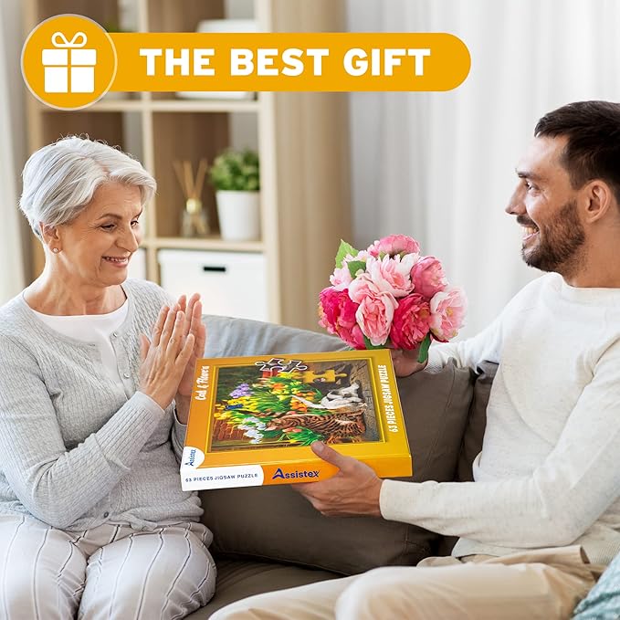 Assistex Large Piece Jigsaw Puzzle for Seniors with Dementia with Conversation Prompts, Large Piece Memory Game for Adults, Elderly, and Dementia Patients – Cats Puzzle, 63 pcs