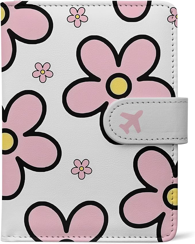 Passport Holder, Cute Travel Wallet Cover with RFID Blocking,Posy | PU leather travel wallet with magnetic closure, card slots, pen loop, and easy access for passports and essentials.