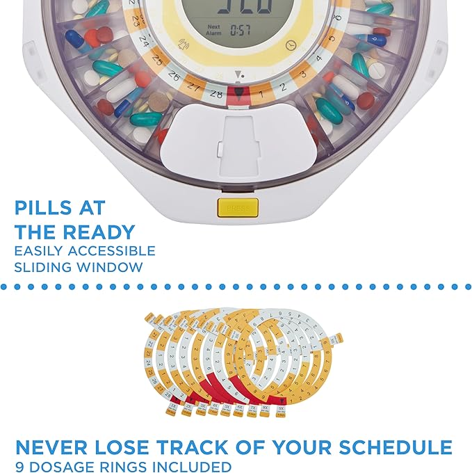 LiveFine Bluetooth Pill Dispenser, 9 Dosage Rings, 28-Day, Clear Lid | Free app control with sound and light alerts, secure key lock, quick-press latch - for seniors and arthritis sufferers.