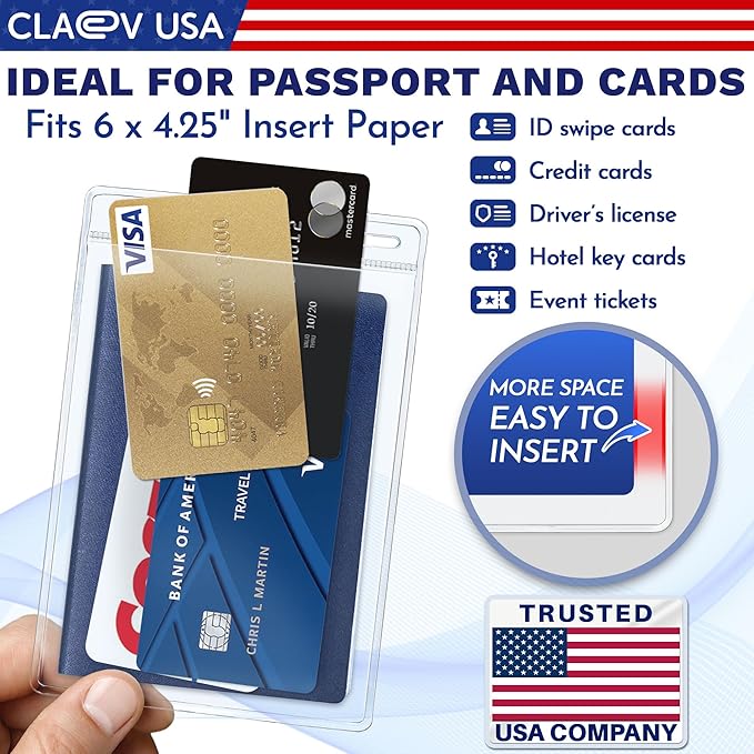 Claev Flexible and Tear Resistant Vertical 4x6 Passport & Card Holders (4x6 Extra Large (XXL), 50 Pack), Clear Zipperless ID Plastic Name Card Badge Holders for Travel, Conferences, Conventions | Bulk clear waterproof ID badge holders, fits 4 x 6 inser...