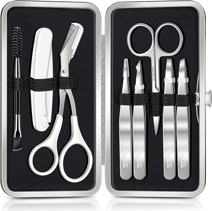 TsMADDTs Tweezers for Women Facial Hair, 8 in 1 Eyebrow Kit with Tweezers, Scissors, Razor, Brush with Travel Bag, Eyebrow Shaping Kit