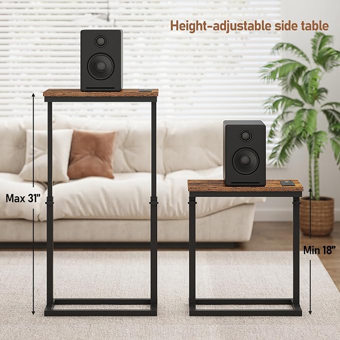 TUTOTAK End Table with Charging Station, Side Table, Tall Couch Table | Sofa Table, for living Room, Bedroom, Brown TB01BB084