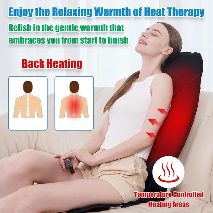 Portable Back Massager with Heat & Vibration - Deep Tissue Pain Relief for Shoulder, Back, Lower Back and Thighs - Office Chair Massage Pad, Ideal Gift for Men and Women