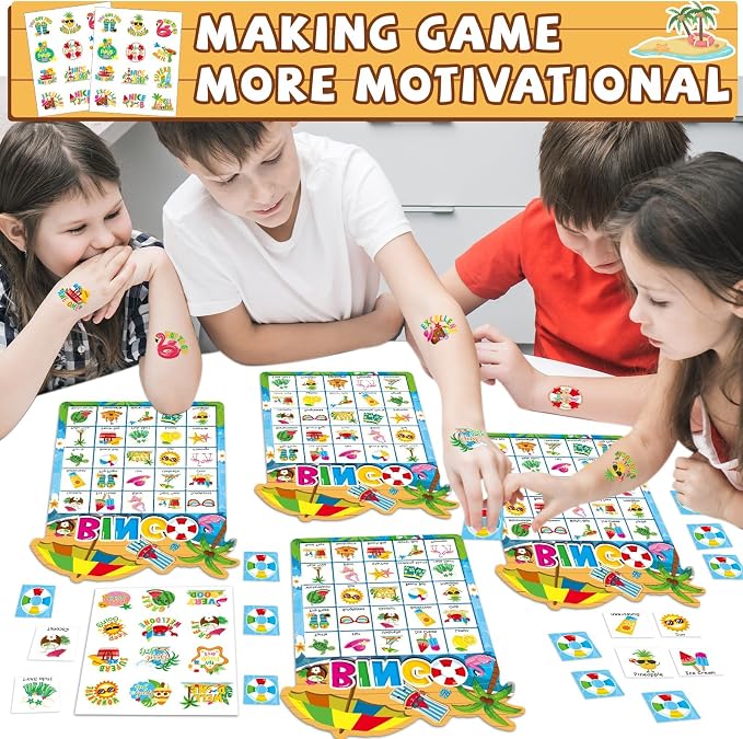 39Pcs Pool Party Bingo Game for Adults Kids 24 Players Summer Party Bingo Game Cards with Reward Stickers for Family Friend Student Large Group Activities Hawaiian Tropical Beach Parties Supply Favors