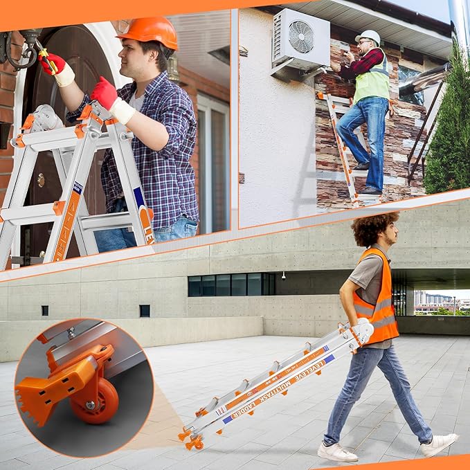 LEVELEVE Telescoping A Frame Ladder, 20FT Multi Position Ladder with Stabilizer Bar & Wheels,330 lbs Security Load for Stairs Home Indoor Outdoor Roof
