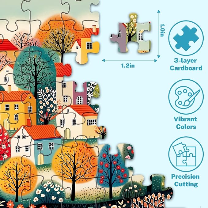 500 Piece Jigsaw Puzzle for Adults & Seniors, Colorful Folk Art Village with Charming Houses & Flowers, Brain Teaser Puzzle Game, Home Decor, Birthday Gift