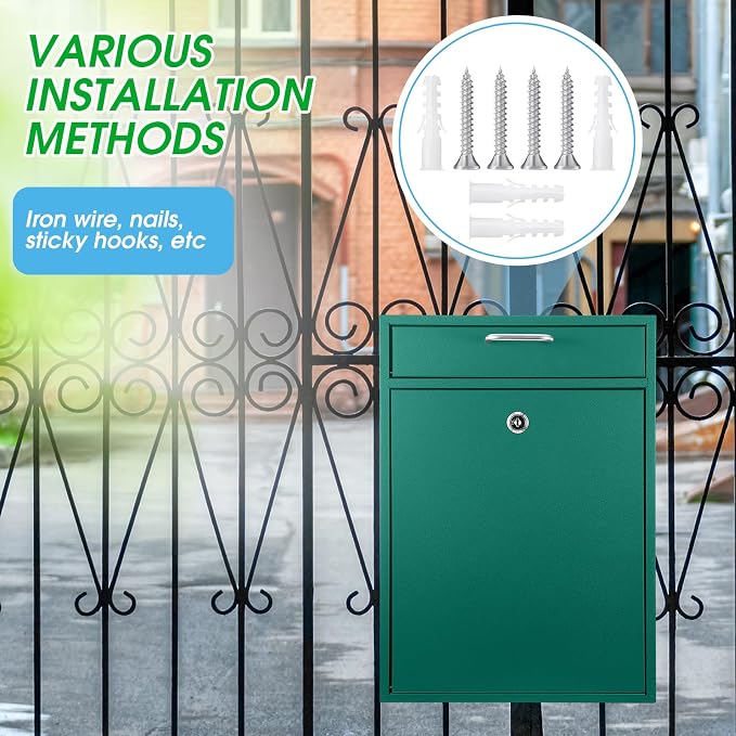 Yaocom Locking Mailbox with Key for Outdoor 16.2 x 11.2 x 4.7 Inches Large Wall Mount Mail Box with Lock Security Mail Drop Metal Collection Boxes Hanging Secure Postbox(Green)