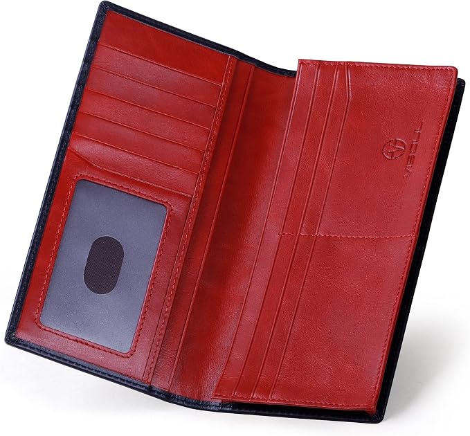VISOUL Leather Checkbook Cover Wallet for Men with RFID Blocking, Mens Long Bifold Cash Tall Wallet with 11 Credit Card Slots 1 ID Window (Black and Burgundy)