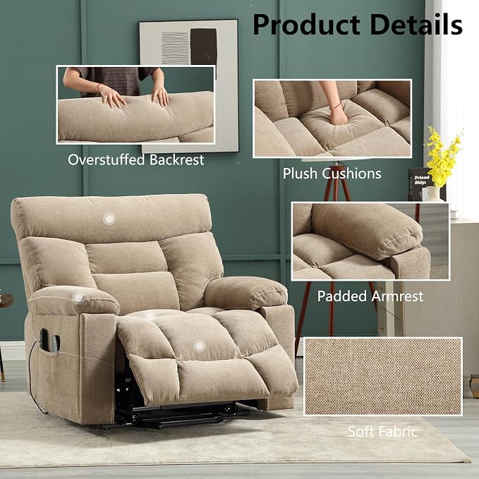 Dual Motor Power Lift Recliner Chair for Elderly, 27" Extra-Wide Seat 450 lbs Weight Capacity Infinite Position Adjustment, with Heated Massage, Cup Holders and USB Port, Camel Fabric