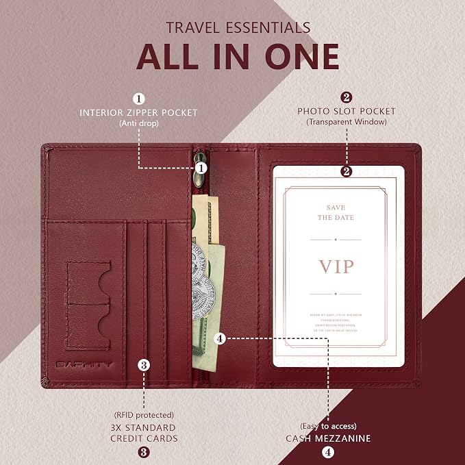 BAPHITY Womens Leather RFID Multi-Slot Travel Slim Passport Cover, Wine Red | Top-Grain Leather, RFID Blocking, Multi Slots (3+2 SD), Slim, Unisex Multi-Function Holder, Travel Sleeve