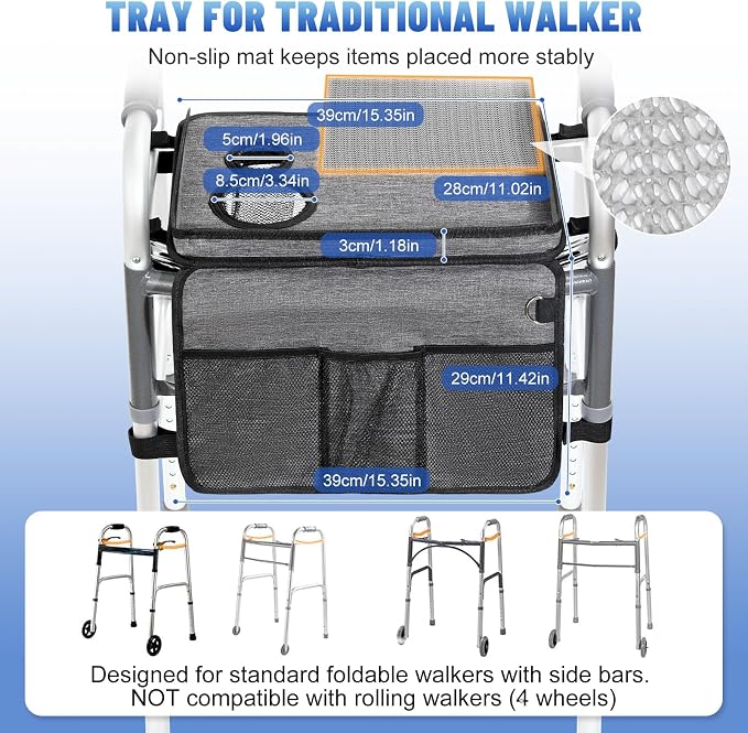 Rhino Valley Walker Tray for Folding Walker,Tray for Walker with Cup Holder | Tray for Walkers with Non-Slip Mat for Food, 3 Front Pockets & 3 Cup Holders, Walker Accessories for Senior, Gray