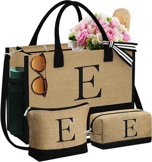 YOOLIFE Gifts for Women - Initial Jute Tote Bag & 2 Makeup Bags Personalized Gifts for Women Teacher Mom Friend Birthday