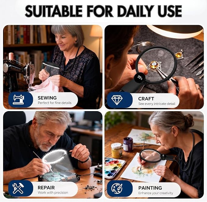 MAGNIPROS Hands-Free Magnifying Glass with Light for Seniors, 5X/10X Rechargeable GooseNeck Magnifier, 3 Color Light Modes, LCD Display, Reading, Sewing, Crafts