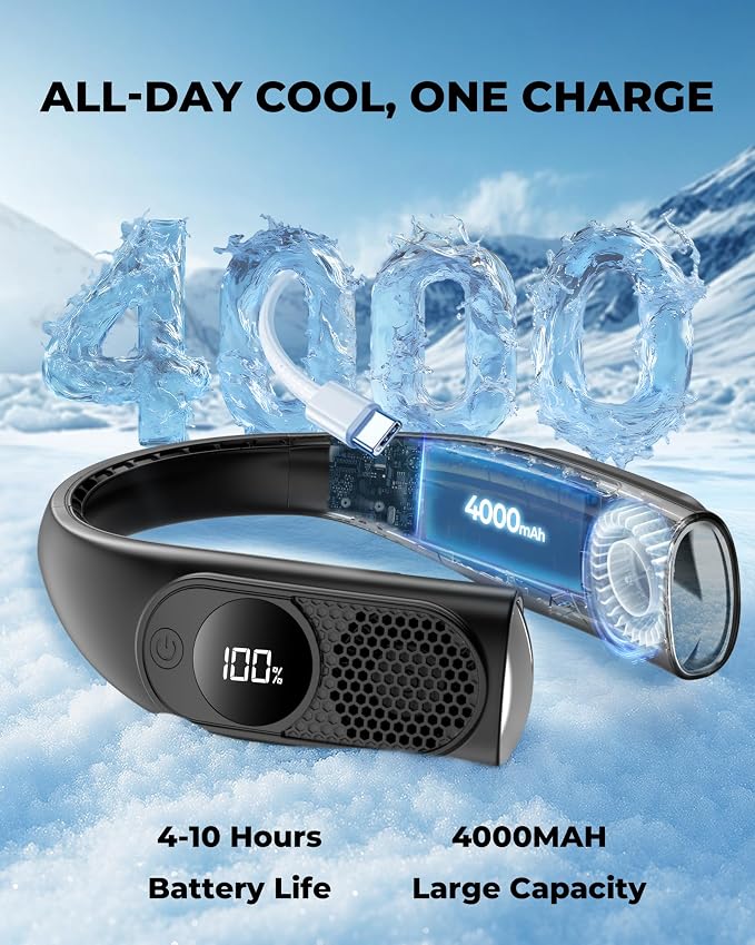 GOTOTO Portable Neck Fans that Blow Cold Air, Wearable Bladeless Neck Fan | Rechargeable 360° Personal Fan Neck Cooler, 3-Speed, LED Display, 4000mAh, Type C, Travel, Outdoor, Birthday Gift, Black