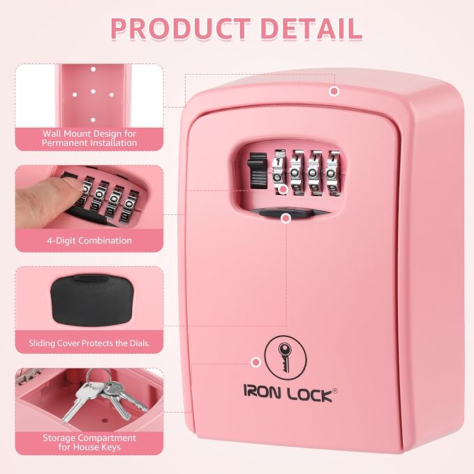 Iron Lock® XXL Wall Mount Key Lock Box, Outdoor Combination Code (Pink) | Fits 20-30 spares plus fobs & cards; unique built-in tray so keys don't fall out; dial cover; screws & anchors included