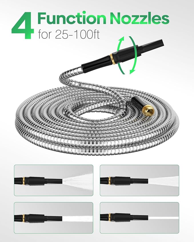 Non-Expandable Metal Garden Hose 50 Feet with Sprayer Nozzle, Flexible, No Kinking, Lightweight & Heavy Duty Water Pipe, Stainless Steel Outdoor Water Hose for Yard 50 ft, Male to Female Connector
