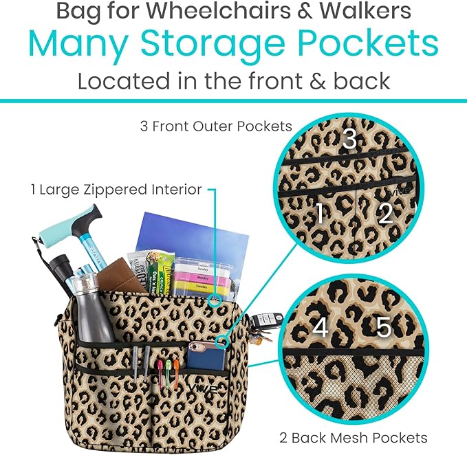 Vive Wheelchair Bag - Machine Washable, Double-Stitched, Water-Resistant Accessory Backpack for Rollators, Wheel Chairs, Walkers - Pouch with XL Pockets & Straps for Quick Installation