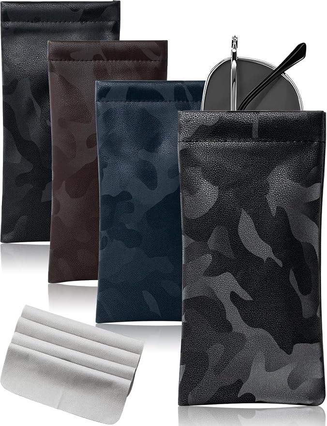 4 Pcs Squeeze Top Sunglass Case with Cleaning Cloth, Soft Leather Eyeglass Case Portable Sunglasses Pouch