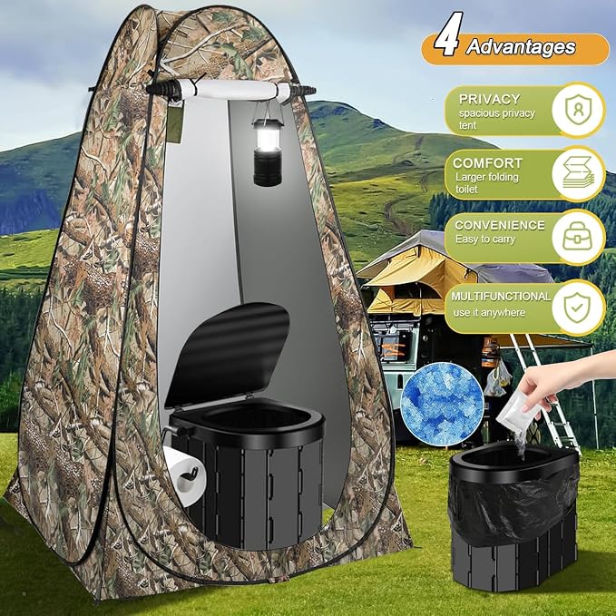 Portable Toilet Kit, Camping Toilet with Pop-Up Privacy Tent and Poo Gel Toilet Bags, Washable Portable Outdoor Showers Changing Rooms