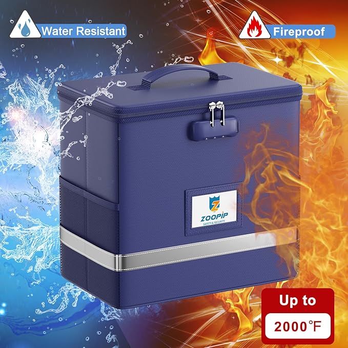 Fireproof File Box with Lock, Collapsible Document Organizer, Blue | Suitable for Hanging Folders in Letter Size, Reflective Strip for Fast Find, Home Office Safe Protection,12.2"x6"x10.2"