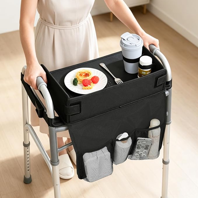 Tray for Walkers for Seniors with Cup Holder - Walker Accessories 【w/Pockets, Cup Holder & Non Slip Mat for Food】Mobility Trays Fits Most Standard Folding Walkers, Removable & Easy Assembly