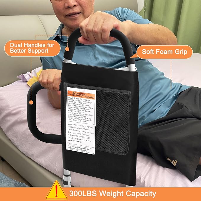 Bed Rails for Elderly Adults, Bed Assist Rails for Seniors with 2 Grab Bars & Storage Pocket & Fall Prevention Guard, Fits King, Queen, Full, Twin Bed, Support Up to 300lbs