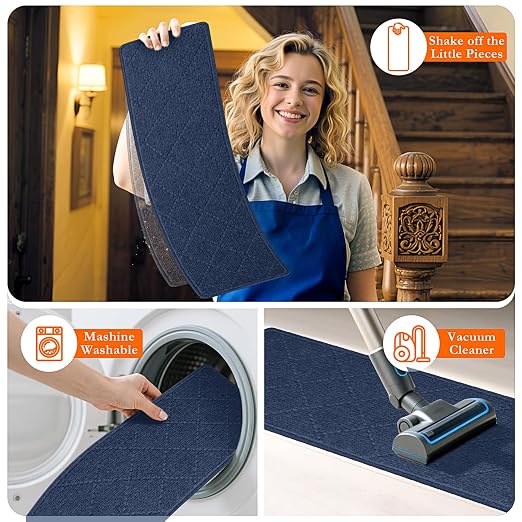 Stair Treads for Wooden Steps 15 PCS, Non Slip Stair Rugs Blue | 8x30in Self-adhesive Stair Runner Strips, Machine Washable, Indoor Carpet for Stairs, Stair Protection for Kids Pets Elderly