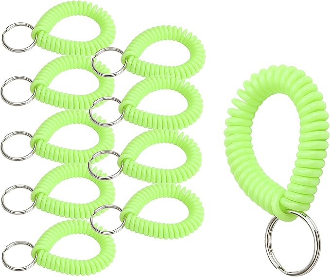 Lucky Line 2” Spiral Wrist Coil with Steel Key Ring, Flexible Wrist Band Key Chain Bracelet, Stretches to 12”, Neon Green, 10 PK (41046)