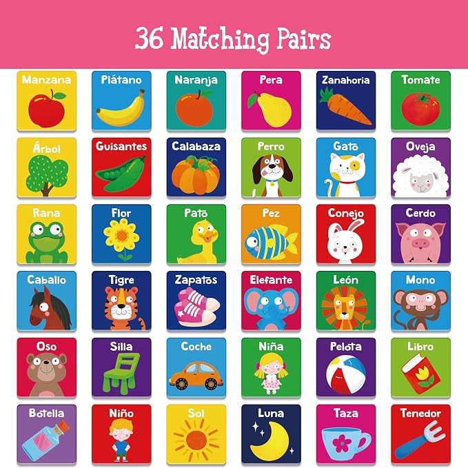 Hebayy Spanish Memory Matching Game, 72 PCS First Words Matching Cards for Toddlers, 36 Pairs Memory Cards Educational Toys Preschool Spanish Learning Activities for 4 5 6 Years Old