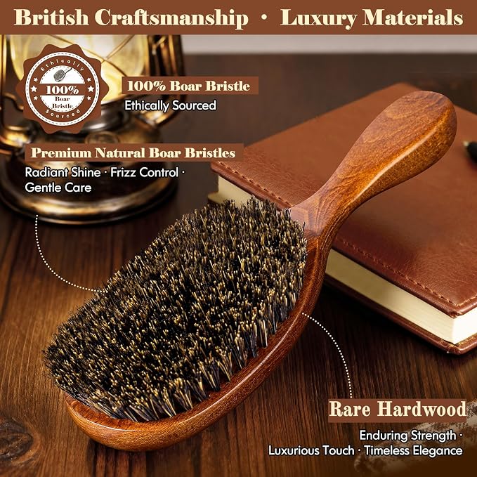 Boar Bristle Hair Brush Set, Large and Mini, Since 1965 British Craftsmanship Handmade Natural Wooden, Pure Soft Bristles, Gentle Detangling for Women Men Kids, Thin Fine Hair, Smooth & Shine