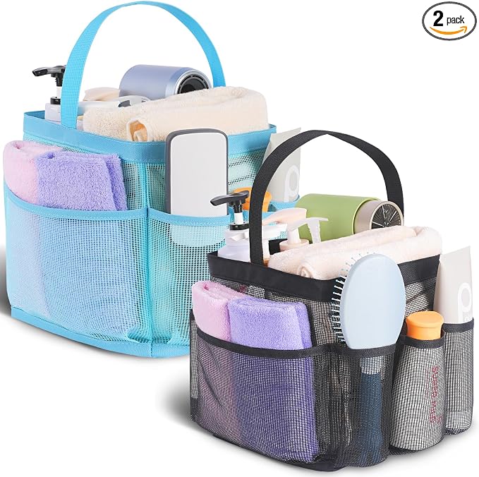 EUDELE 2 Pack Mesh Shower Caddy Portable for College Dorm Room Essentials, Shower Caddy Dorm with 8-Pocket Large Capacity,Shower Bag for Beach,Swimming,Gym All Black+All Ice Blue