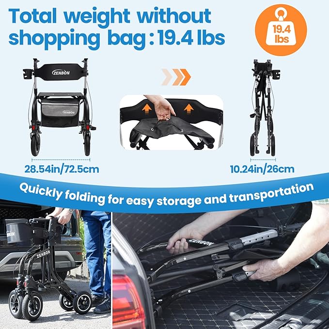 Rollator Walker for Seniors/Adults Foldable Rolling Walker with Seat 330 lbs Capacity 10 inch Wheels Hand Grips Adjustable Height Lightweight Durable Aluminum Walker Removable Back Support (Black)