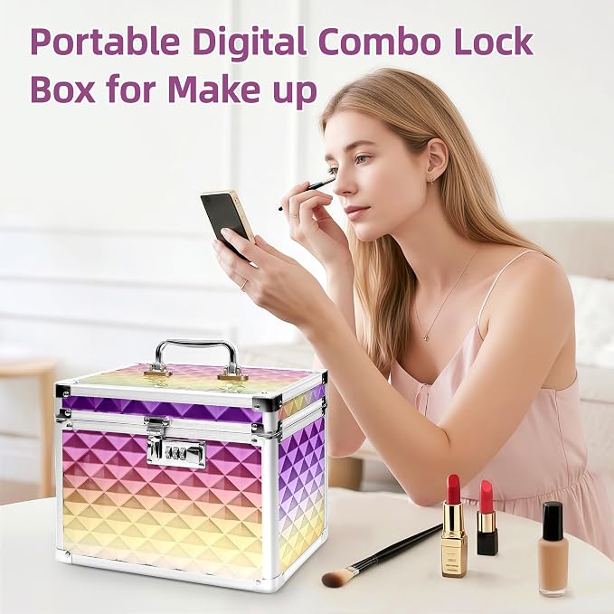 Medication Combination Lock Boxes with Code for Personal Items, Medicine Lockbox for Documents 10 x 7.25 x 7.75 Inches Rainbow Plaid Gold Purple