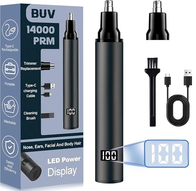 BUV Nose Hair Trimmer for Men with LED Display- 2026 Professional Painless Ear Hair Trimmers for Women, USB Rechargeable Nose Hair Trimmer Clipper – 14,000 RPM IPX7 Waterproof Dual Edge Blades, Black