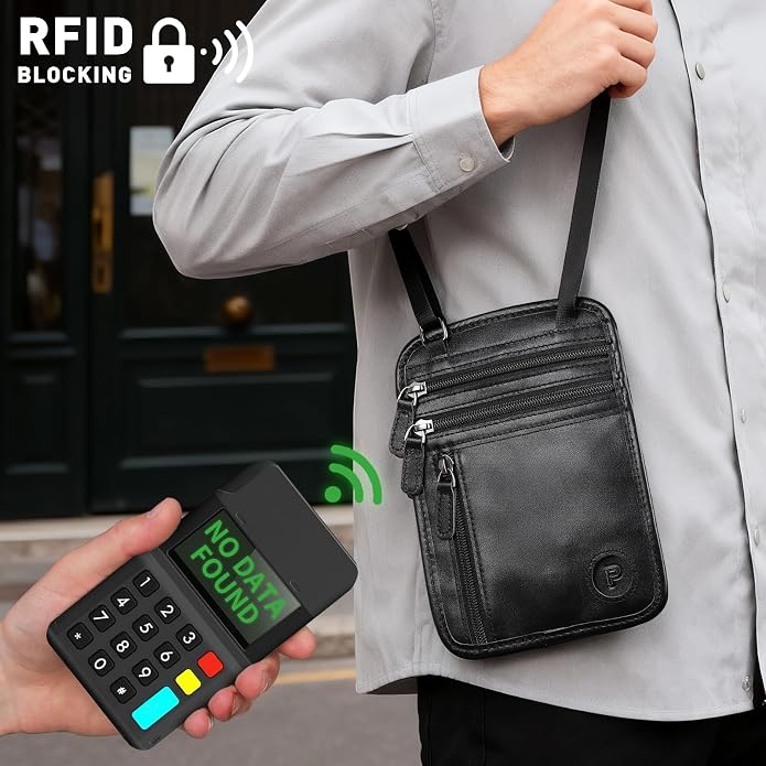 Polare Full Grain Leather Neck Wallet RFID Blocking Conceal Passport Holder Travel Pouch with AirTag Slot for Men