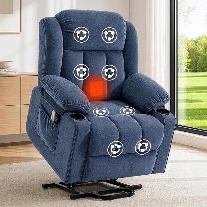 Power Lift Recliner for Elderly,Electric Recliner Chair with Massage & Heating for Adults, USB Charging, Cup Holders, Side Pocket, Living Room Sofa L1288 (Navy Blue)