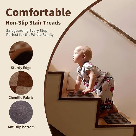Non Slip Stair Treads for Wooden Steps, 15 Pack 8"x30" Washable Carpet | 8x30 in soft chenille polyester stair treads with reusable TPE backing for indoor wood stairs, dogs, kids, and seniors